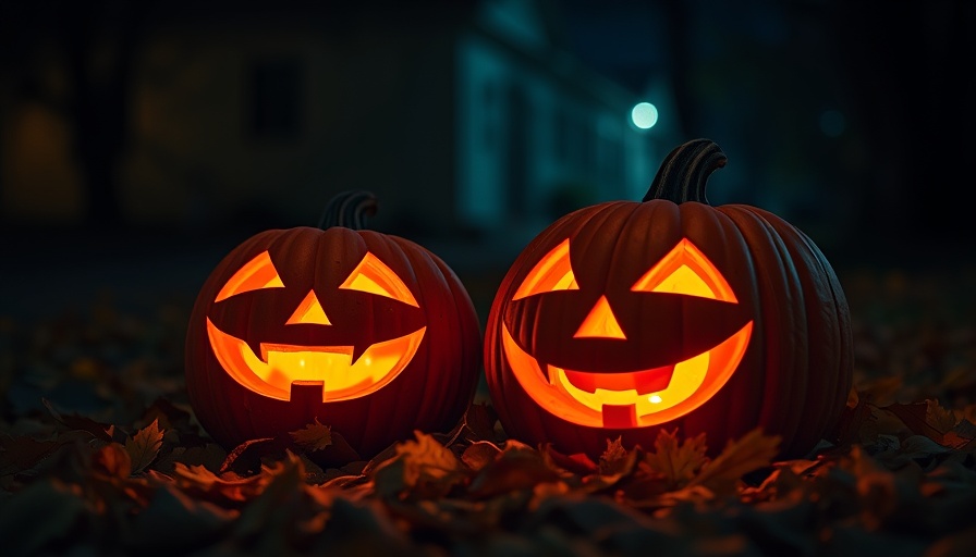 Glowing Halloween jack-o'-lanterns in dark setting.