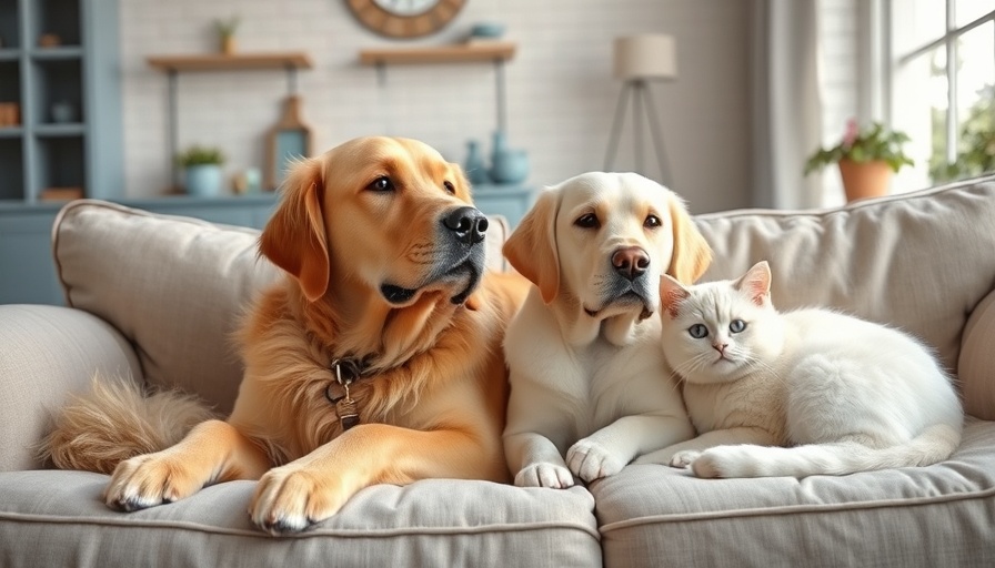 Golden Labrador and white cat resting on a sofa for cheap pet insurance.