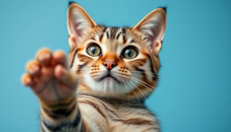 Playful tabby cat with paw extended; Centre County Health Clinic for Pets.
