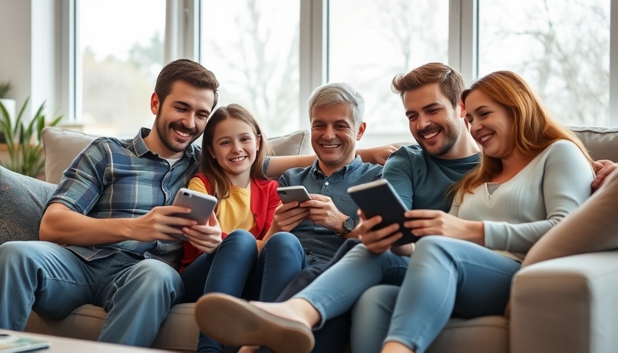Family relaxing on couch using devices, enjoying sunlight.
