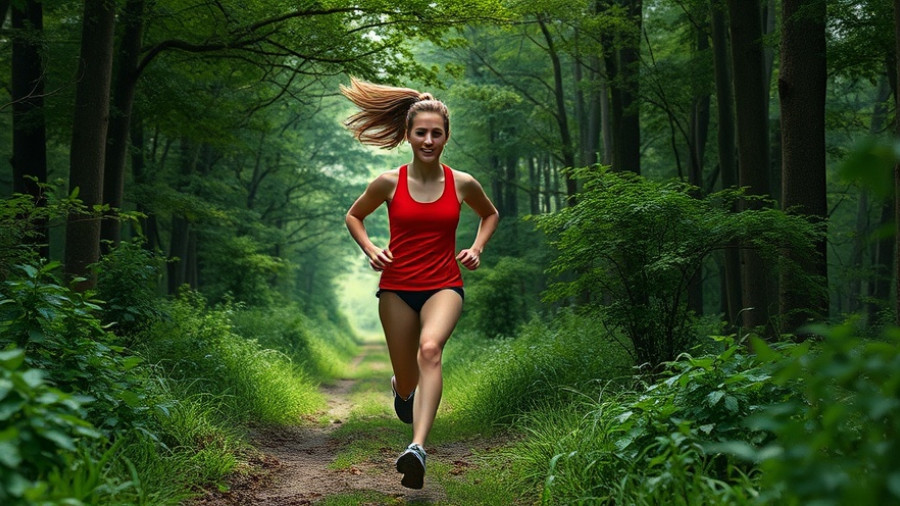 Energetic female running through forest, symbolizing running addiction.