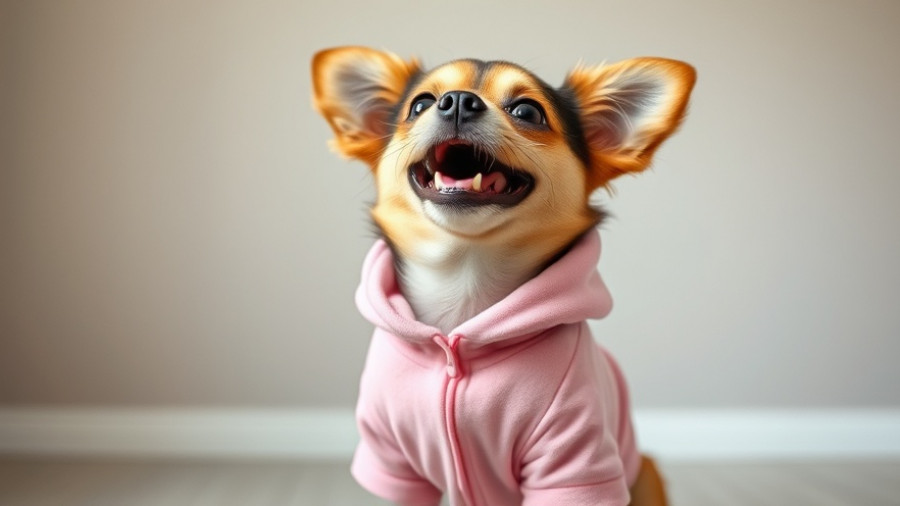 Cheerful small dog in pink outfit looking up, pets as baggage air travel.