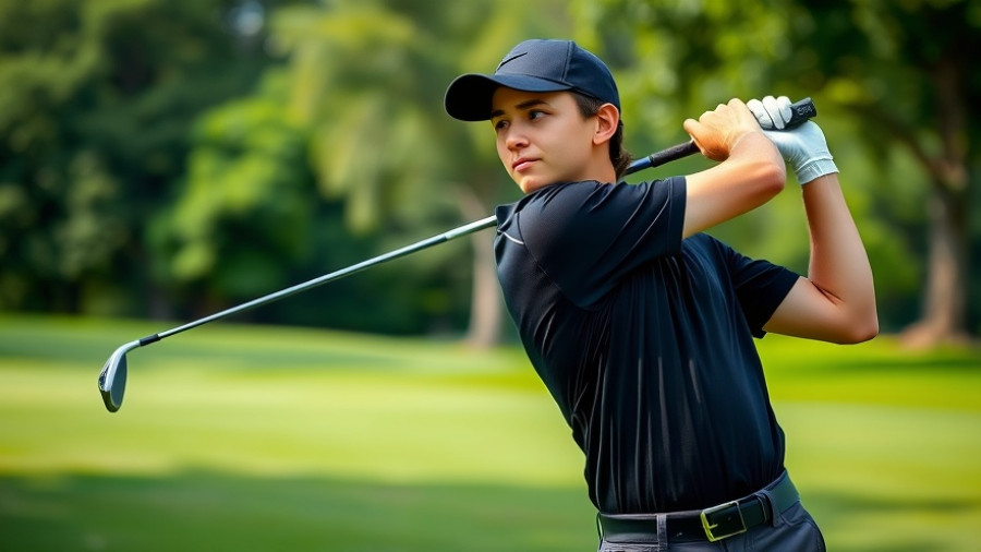 Young golfer swings at Dan O’Connor Golf Championship, lush green field.