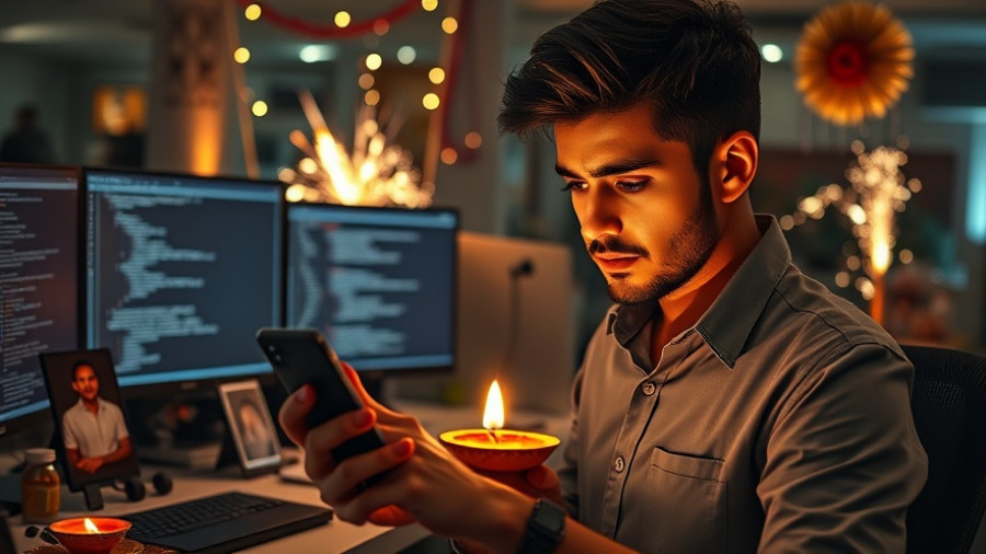 Young man in office looks at phone during Diwali, denied leave notification.