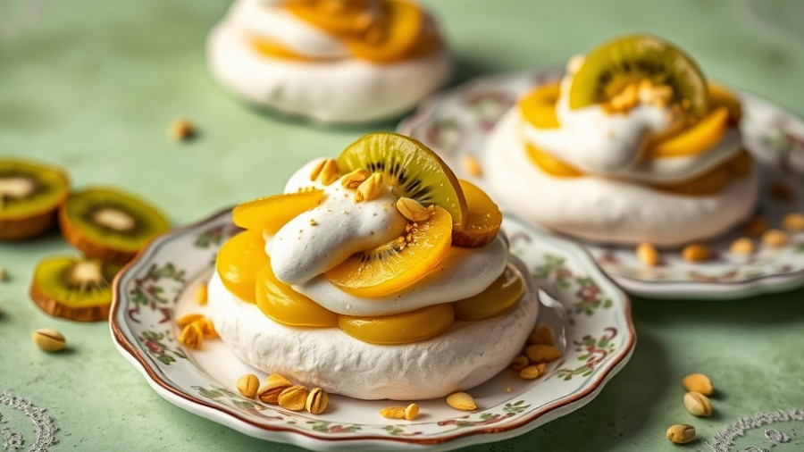 Mini pavlovas with kiwi and pistachios on decorative plates.