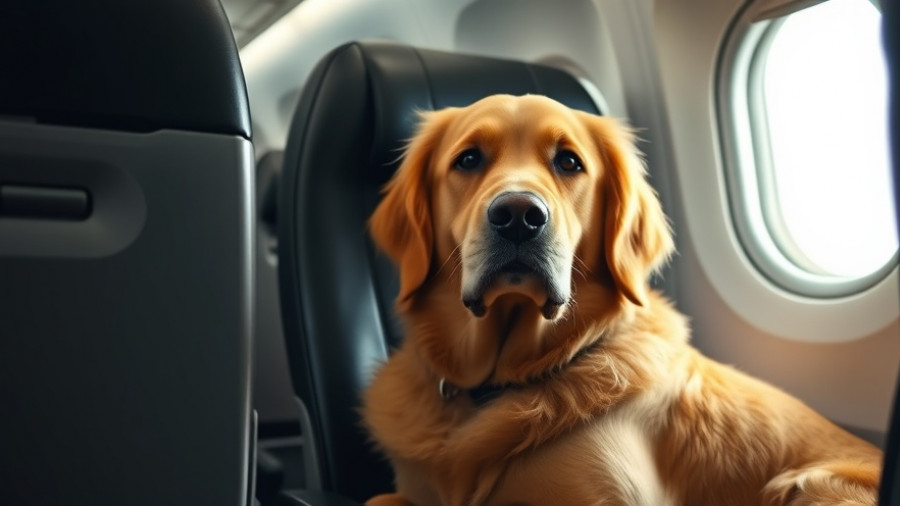 Golden retriever on a plane seat highlighting pet travel compensation rights.