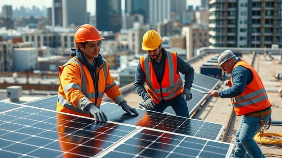 Construction workers installing solar panels highlighting energy transition.