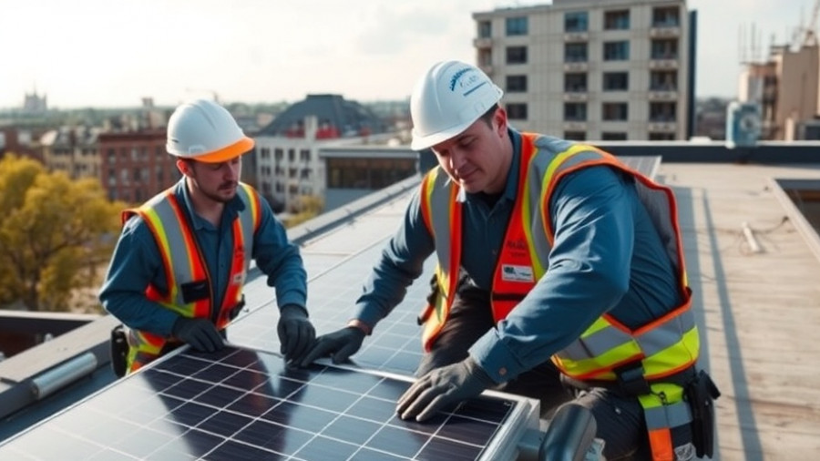 Workers installing rooftop solar panels, highlighting energy transition challenges due to grid congestion.
