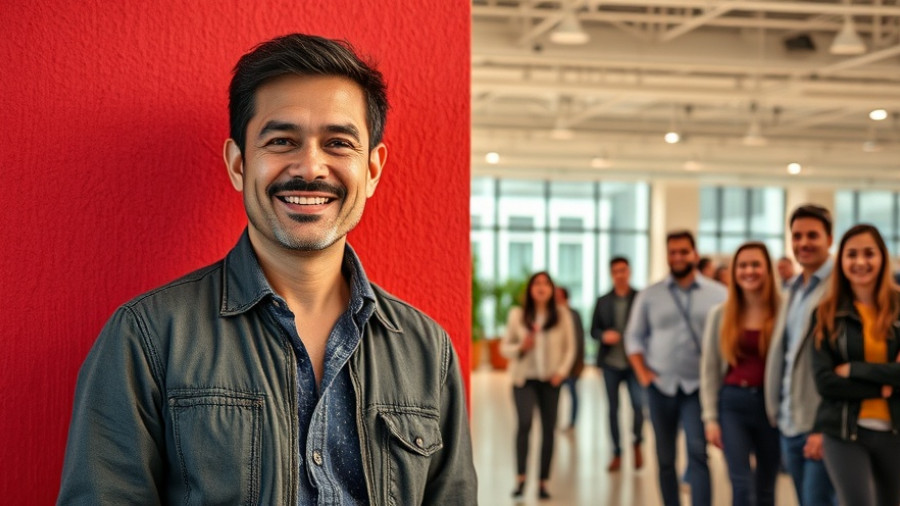 Middle-aged man smiling confidently in contrasting settings.