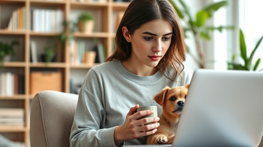 Woman with dog on lap faces challenges of remote work.