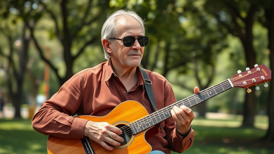 Older man playing guitar outdoors promoting work-life balance.