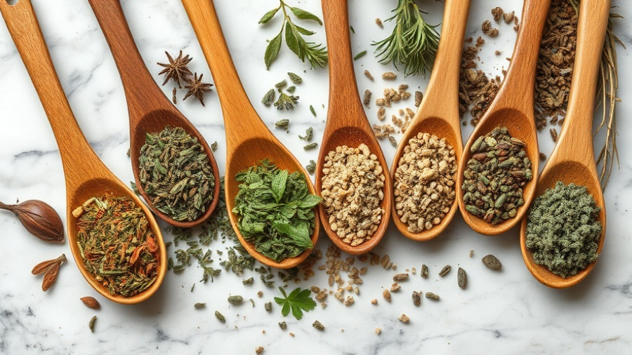 Dried herbs on wooden spoons for underrated herbs in cooking.