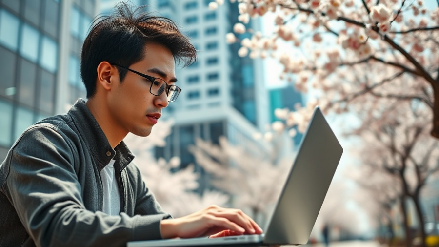 Digital nomad working in Japan with cherry blossoms and cityscape.