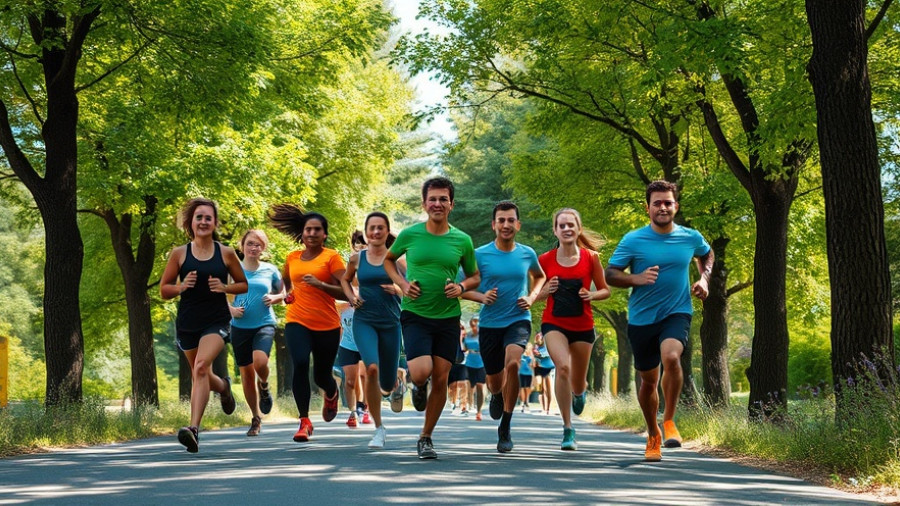Group running outdoors on a forest path joining a running group.