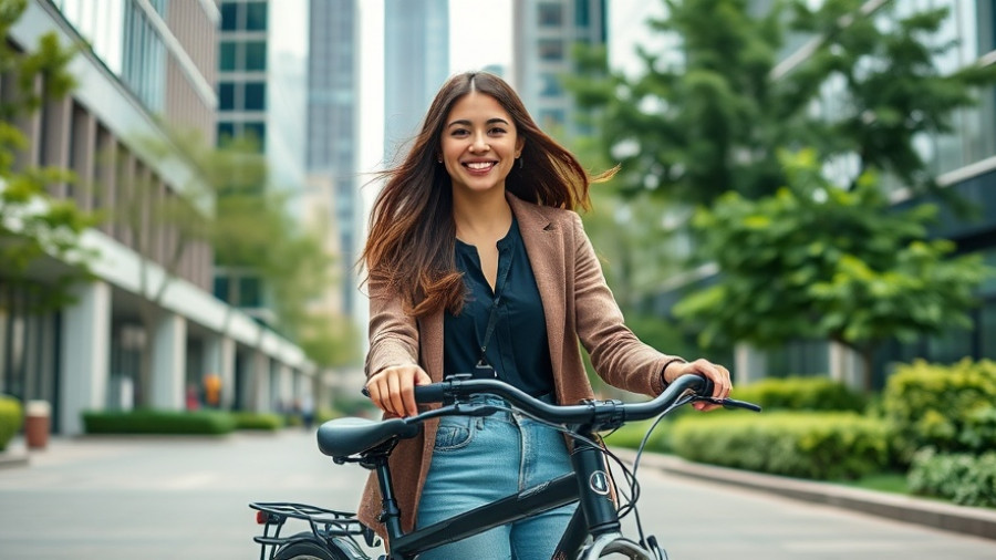 Confident young woman with bicycle in city setting, promoting incentives for cycling to work.