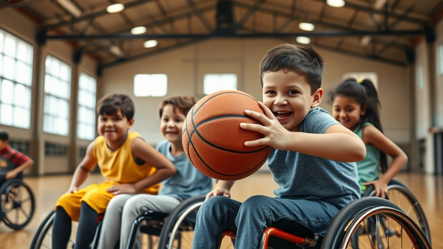 Children with disabilities participating in sports, playing basketball.