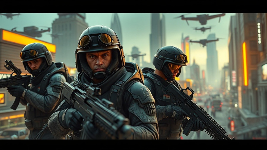 Futuristic soldiers in a dystopian city, intense and determined, toxic workplace theme.