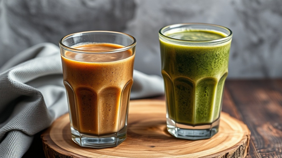 Textured glasses with autumn smoothies on wooden board.