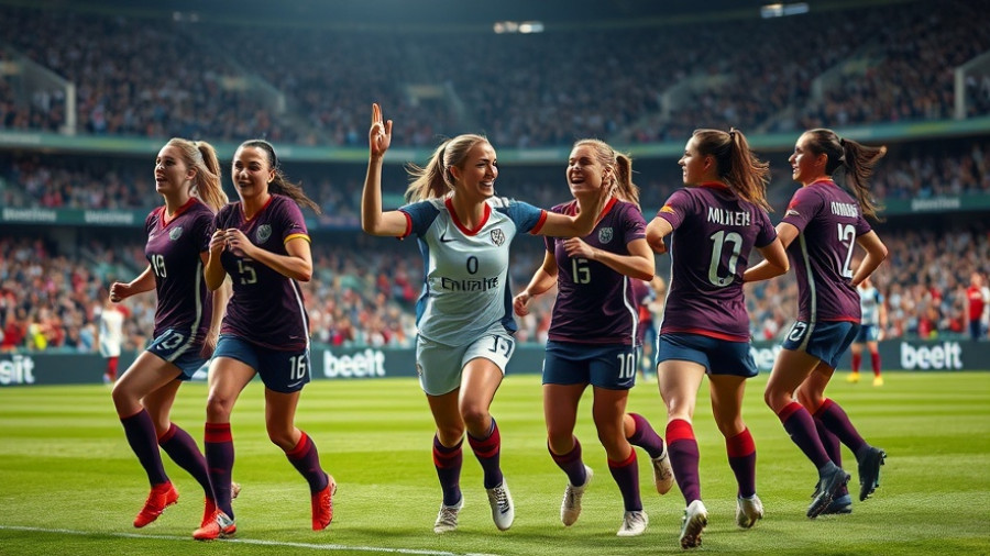 Female soccer team celebrating on field during match