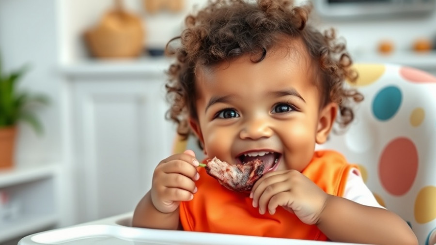 Curly-haired baby enjoying meat in high chair, carnivore diet concept.