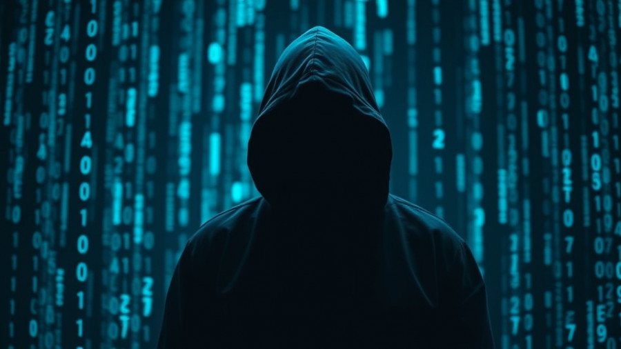 Hooded figure with hidden face against a digital background.