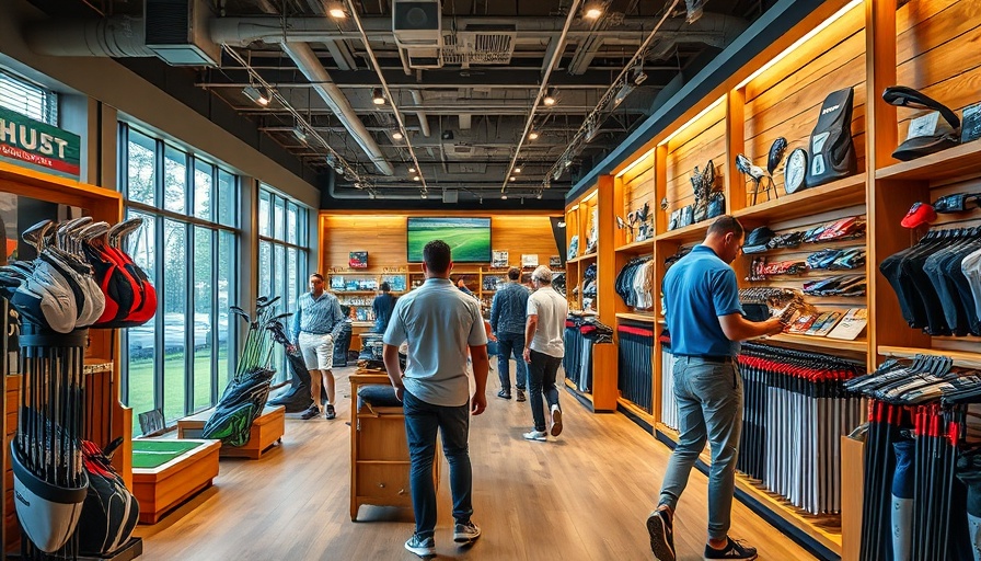 Modern golf store interior with people browsing golf equipment.