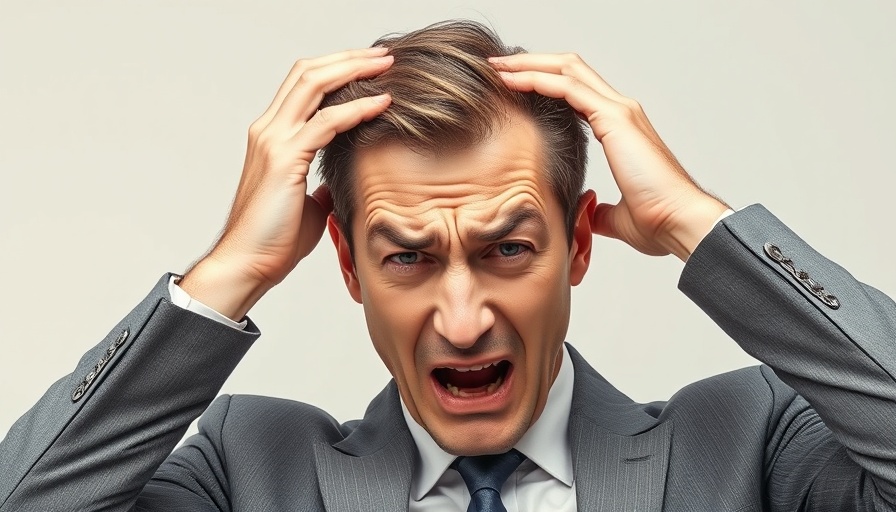 Stressed businessman showing workplace toxicity stress, clutching head.