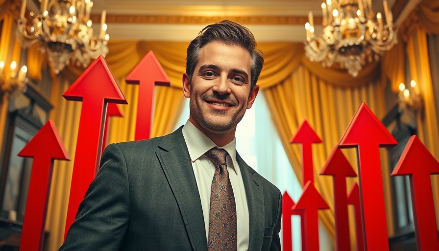 Confident man with red arrows indicating tariff impact.