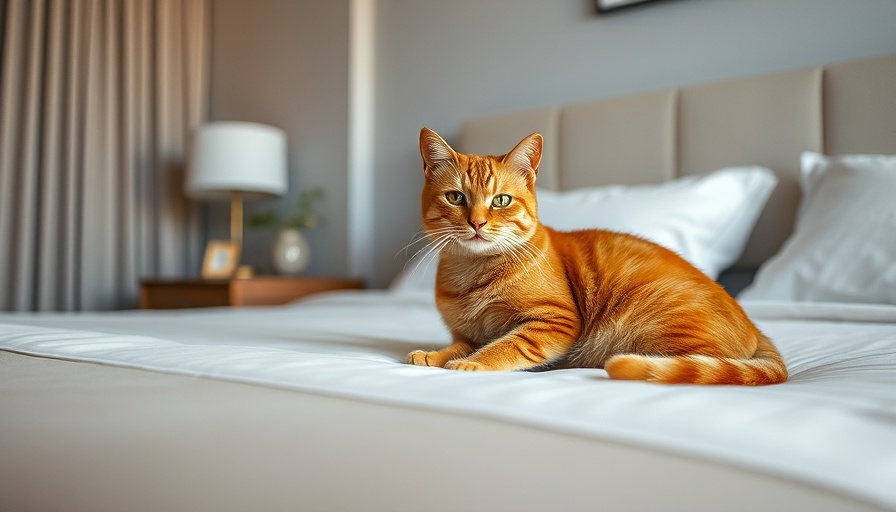 Orange tabby cat in a cozy cat-friendly hotel room.
