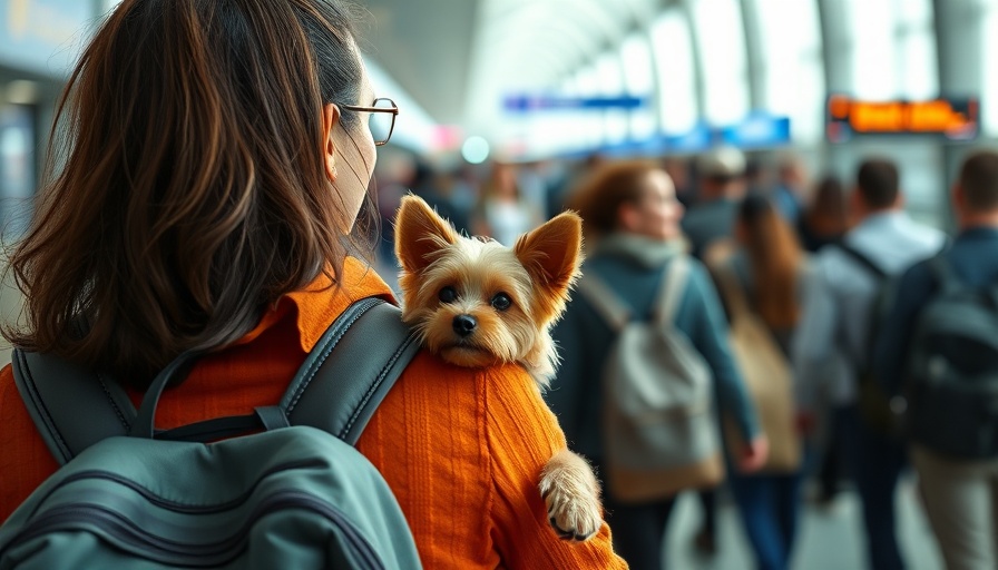 Woman traveling with pet dog in airport backpack.