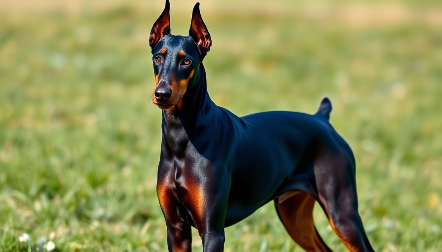 Doberman with cropped ears and docked tail in grassy field, emphasizing tail docking ethics.