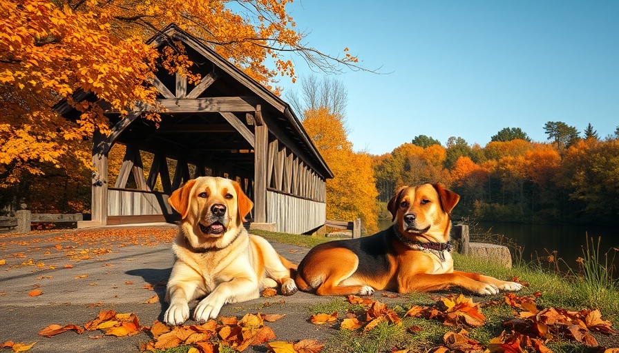 Dogs relaxing near a rustic covered bridge in New England's autumn foliage.