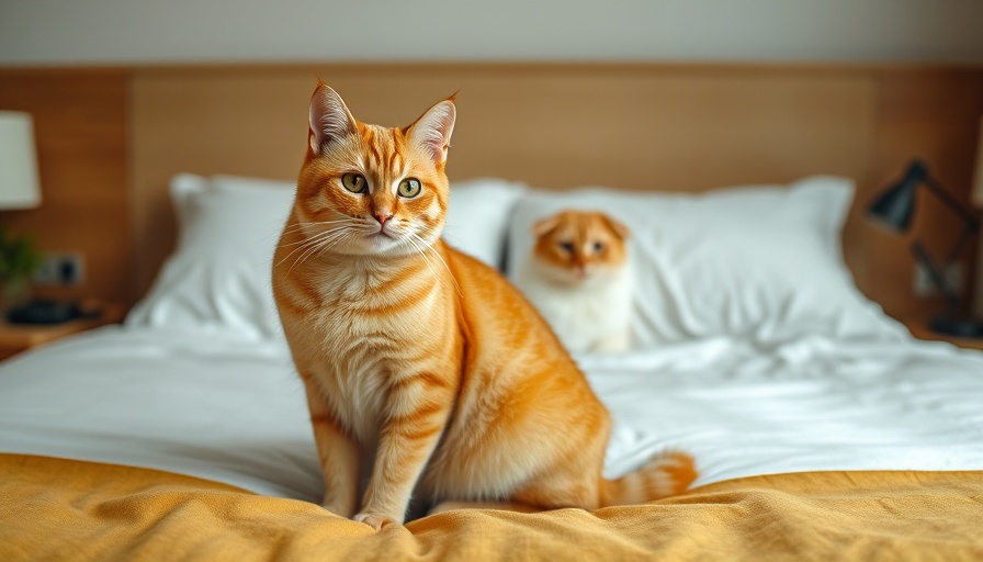 Ginger cat on bed in a cozy hotel room, cat-friendly hotel chains.