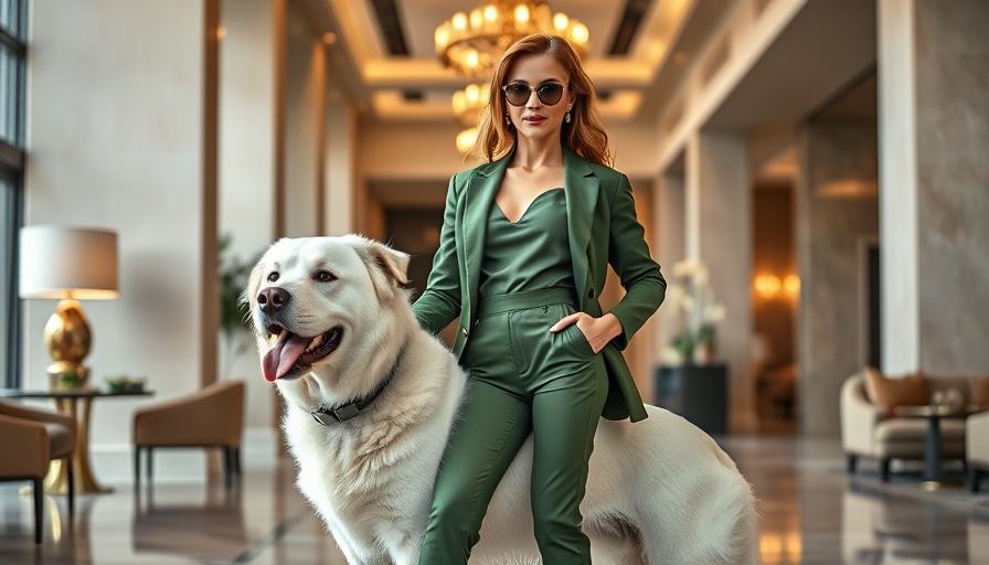 Stylish woman with dog at dog-friendly hotel reception.