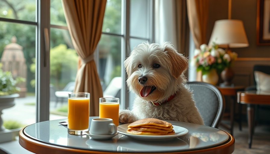 Fluffy dog enjoying breakfast at a cozy dog-friendly hotel in the UK.
