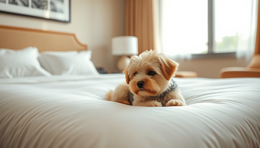 Adorable fluffy dog relaxing in a pet-friendly hotel room in Santa Barbara, CA.
