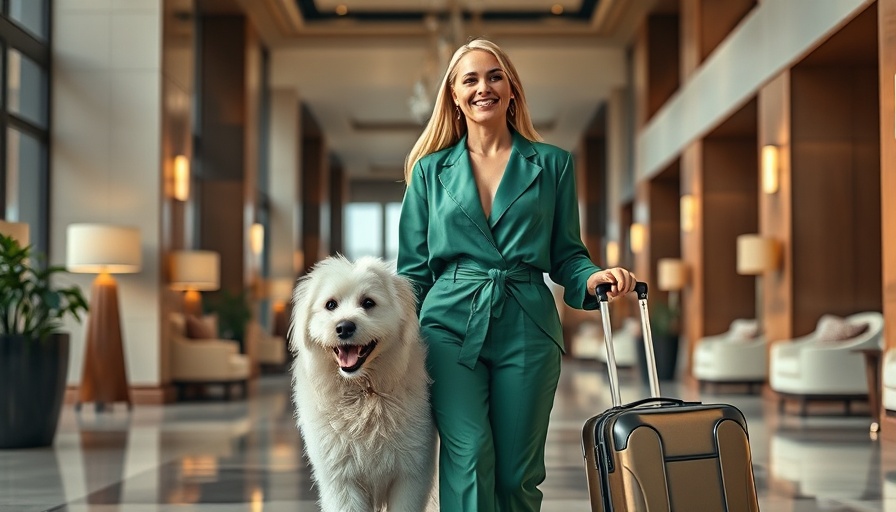 Stylish woman with dog in a dog-friendly hotel lobby.