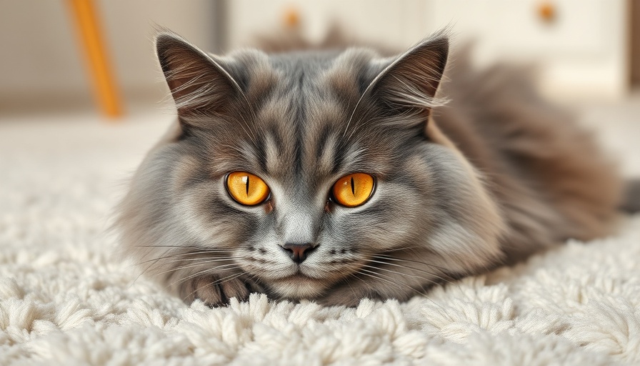 Fluffy grey cat relaxing on soft carpet, symbolizing pet-friendly stays.
