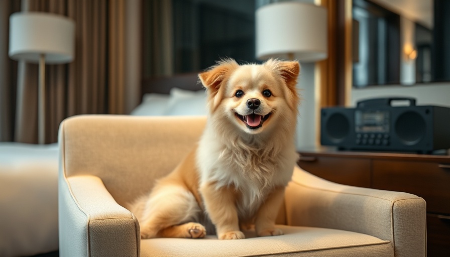Fluffy dog relaxing in hotel room chair, Traveling with Pets.