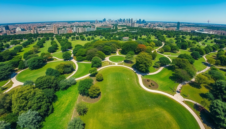 Aerial view of a lush city park in one of the pet-friendly cities in the U.S.