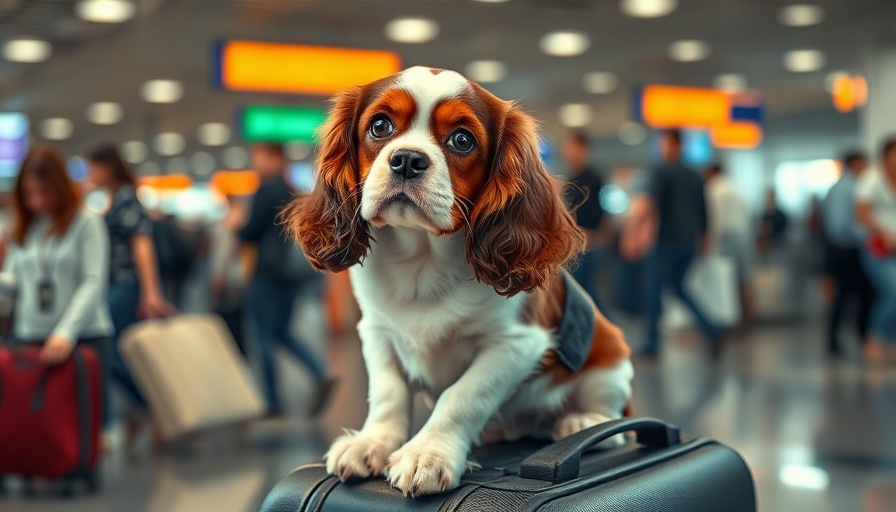Cavalier King Charles Spaniel sitting on luggage in airport setting.
