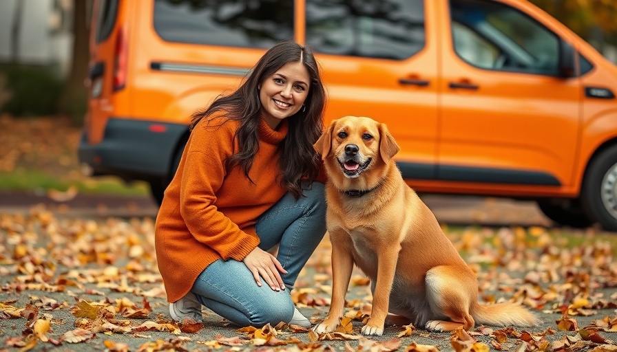 Woman and dog ready for traveling with orange vehicle, outdoor scene.