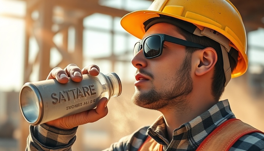 Construction worker managing heat stress at work with a water bottle.