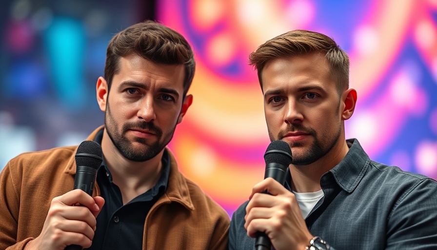 Two men discussing online safety for kids with microphones, vibrant setting.