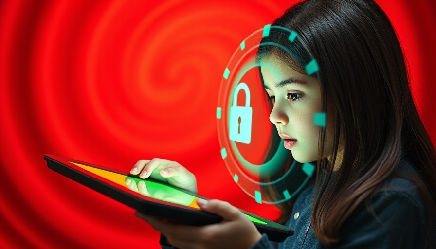 Young girl engaging with a digital lock on a tablet, kids online safety legislation concept.