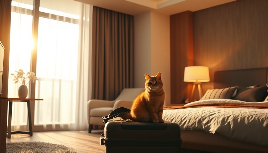 Stylish hotel room with a cat and suitcase - pet-friendly stay.