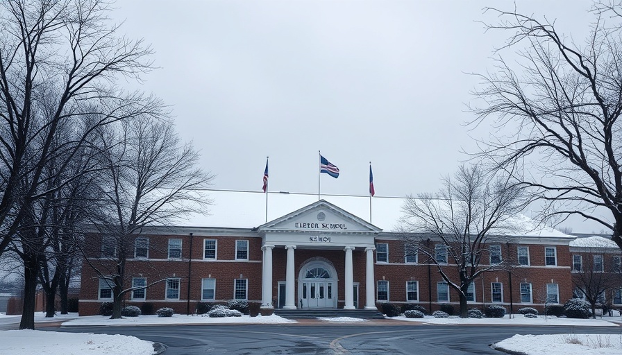 School building with flags at half-mast during winter, promoting online safety for students.