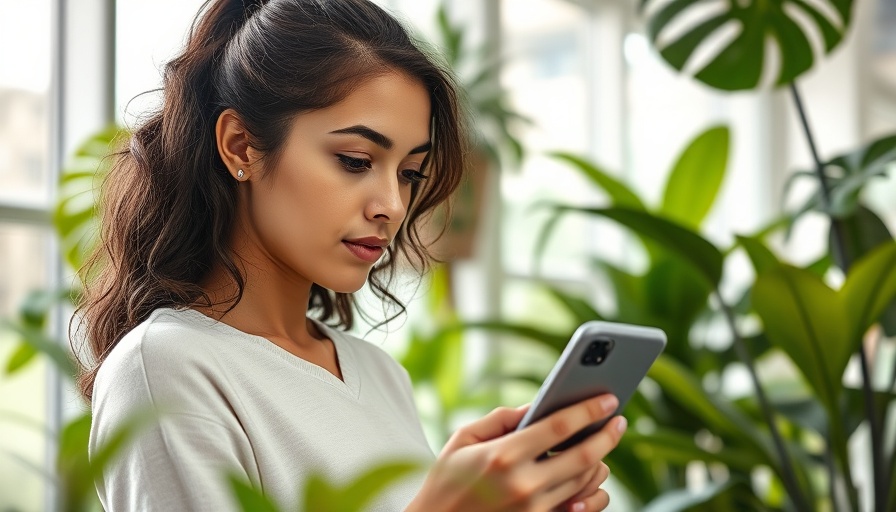 Young woman using a smartphone in a green indoor setting, representing digital mental health programs effectiveness.