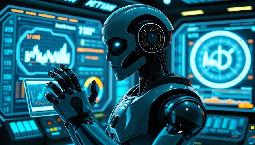 Humanoid robot engaging with holographic screens, illustrating governance strategies for workforce transformation.