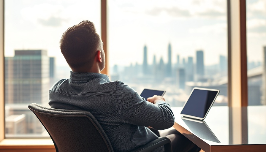 Person enjoying work-life balance, gazing out office window over cityscape.